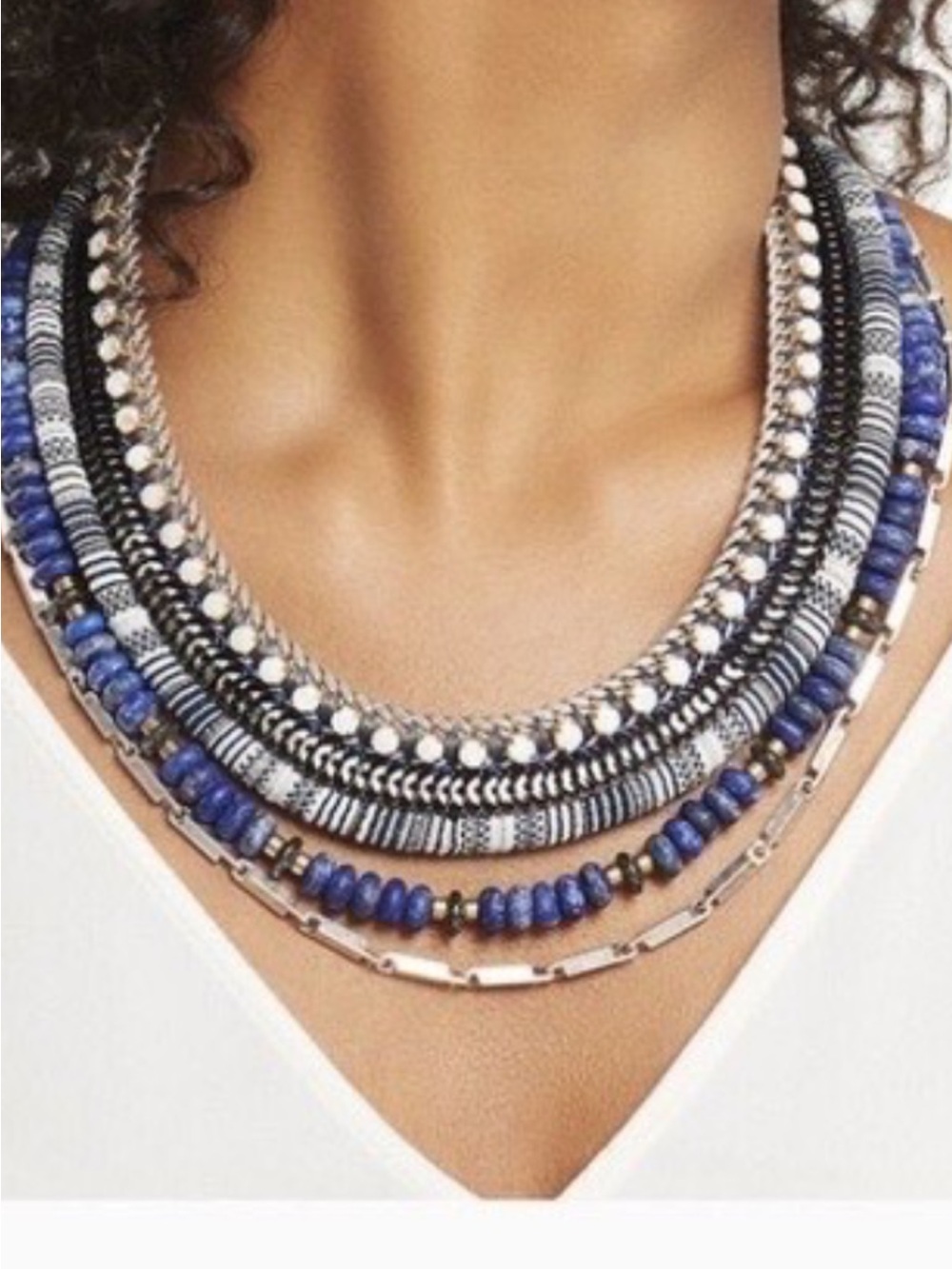 Stella & Dot Black, White and Blue Mixed-Texture Layered Necklace